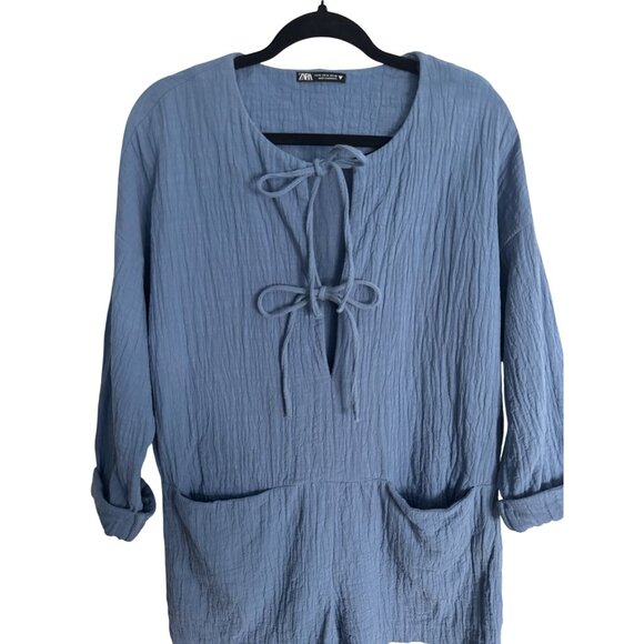 2/$25 ZARA Blue Medium Textured Long Sleeve Romper Double Tie Neck Detail - Picture 3 of 13